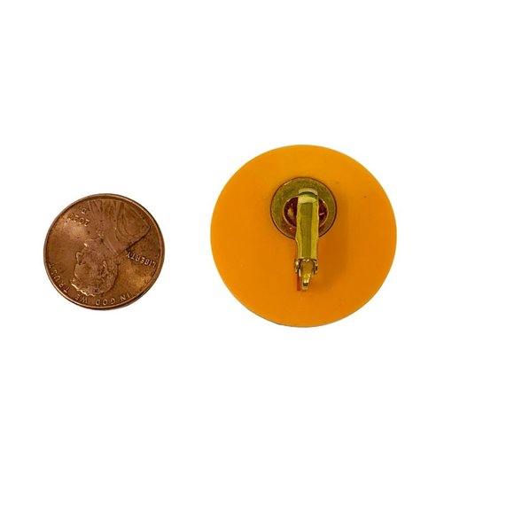 Vintage 1980s Lightning Orange Yellow Mirrored Earrings Circle Clip Ons - Picture 4 of 5